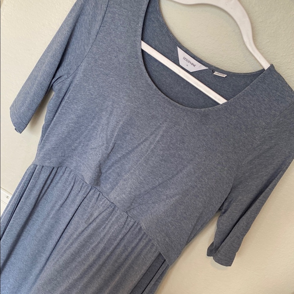 Seraphine Blue Gray Casual Sundress with 3/4 Sleeves and Scoop Neckline